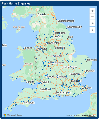 Map showing the distribution of park home enquiries across the UK.